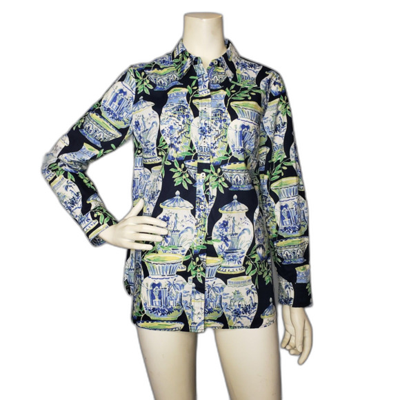 TALBOTS Blue Black watercolor Vases Button Up Shirt Womens Size Medium NEW - Picture 6 of 6